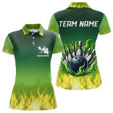 Load image into Gallery viewer, Personalized Yellow Green Flame Bowling Polo, Quarter Zip Shirts For Women Custom Team Bowling Jersey NQS9559