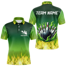Load image into Gallery viewer, Personalized Yellow Green Flame Bowling Polo, Quarter Zip Shirts For Men Custom Team Bowling Jersey NQS9559