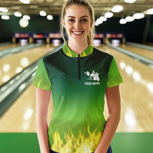 Load image into Gallery viewer, Personalized Yellow Green Flame Bowling Polo, Quarter Zip Shirts For Women Custom Team Bowling Jersey NQS9559