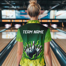 Load image into Gallery viewer, Personalized Yellow Green Flame Bowling Polo, Quarter Zip Shirts For Women Custom Team Bowling Jersey NQS9559
