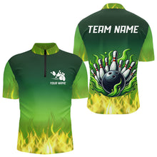Load image into Gallery viewer, Personalized Yellow Green Flame Bowling Polo, Quarter Zip Shirts For Men Custom Team Bowling Jersey NQS9559