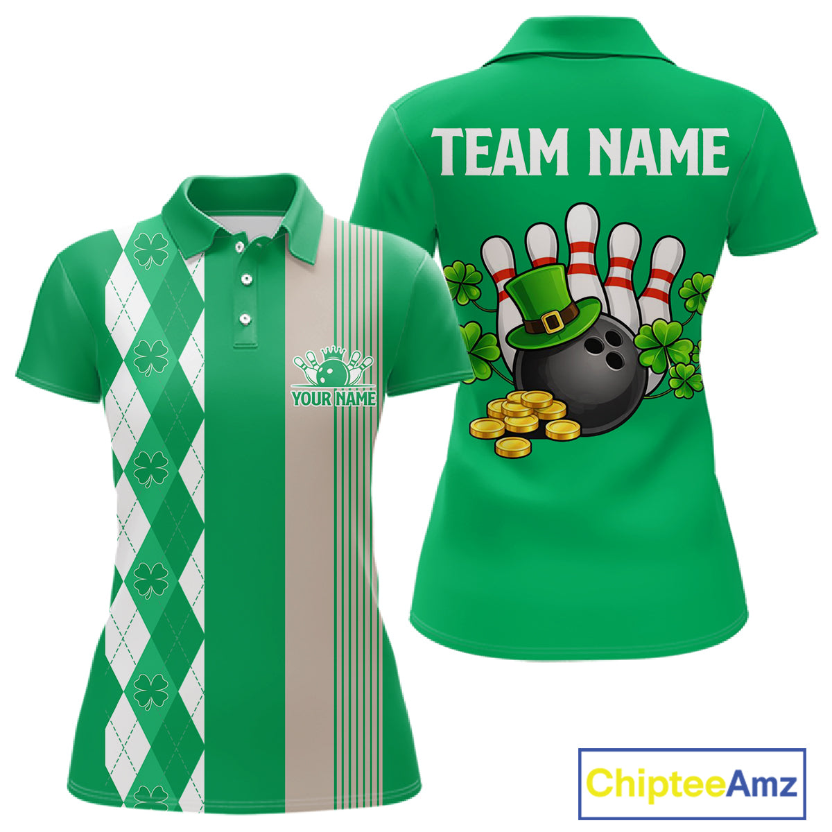 Retro Green argyle pattern shamrock Bowling shirts For Women custom St Patrick's bowling team jersey NQS11667