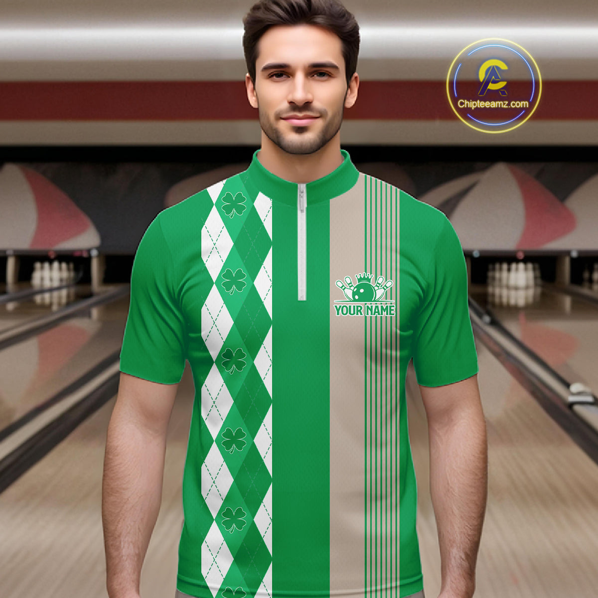 Retro Green argyle pattern shamrock Bowling shirts For Men custom St Patrick Day bowling team jersey NQS11667