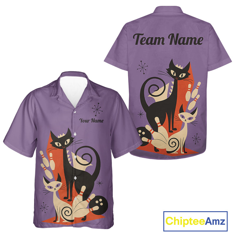 Custom retro bowling Hawaiian shirts Cat Bowling jersey Team Bowling button up Shirt | Purple NQS11668