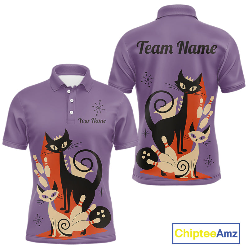 Custom retro bowling shirts Cat Bowling jersey for men Team Bowling Polo, 1/4 Zip Shirts | Purple NQS11668