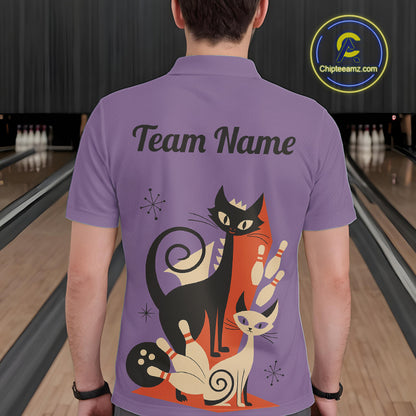 Custom retro bowling shirts Cat Bowling jersey for men Team Bowling Polo, 1/4 Zip Shirts | Purple NQS11668