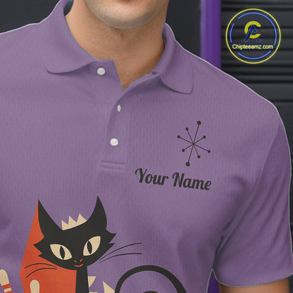 Custom retro bowling shirts Cat Bowling jersey for men Team Bowling Polo, 1/4 Zip Shirts | Purple NQS11668