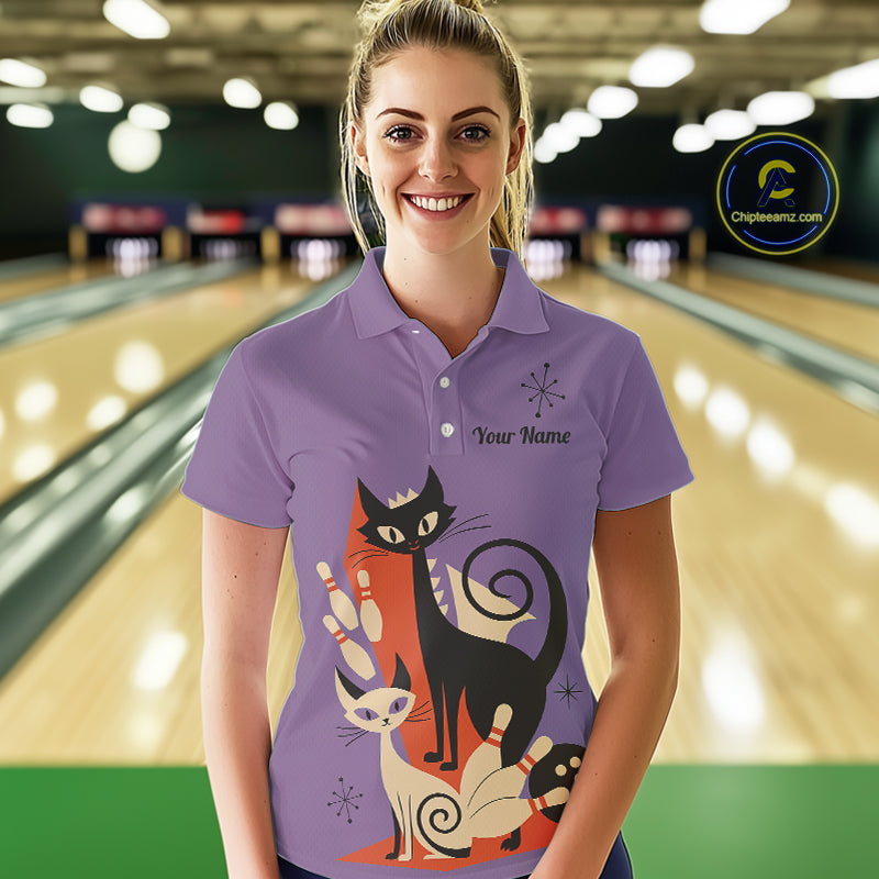 Custom retro bowling shirts Cats Bowling jersey for Women Team Bowling Polo, 1/4 Zip Shirts | Purple NQS11668