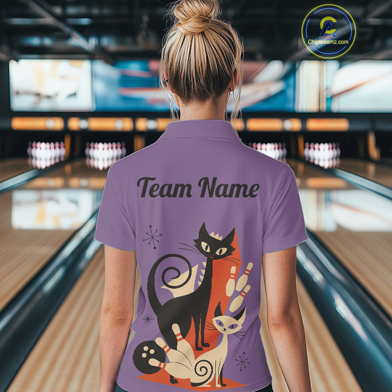 Custom retro bowling shirts Cats Bowling jersey for Women Team Bowling Polo, 1/4 Zip Shirts | Purple NQS11668