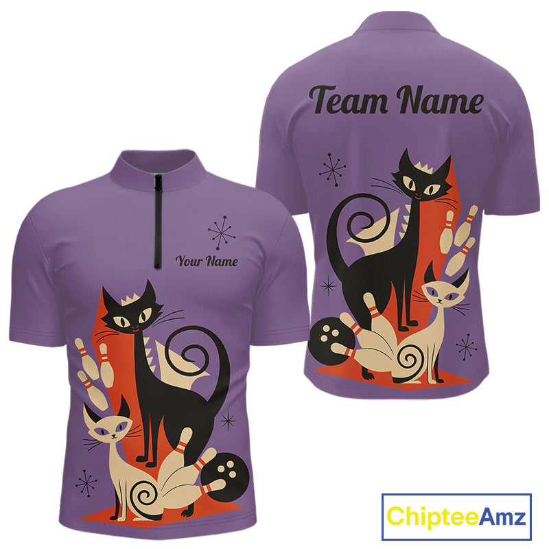 Custom retro bowling shirts Cat Bowling jersey for men Team Bowling Polo, 1/4 Zip Shirts | Purple NQS11668