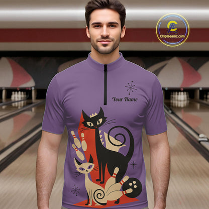 Custom retro bowling shirts Cat Bowling jersey for men Team Bowling Polo, 1/4 Zip Shirts | Purple NQS11668