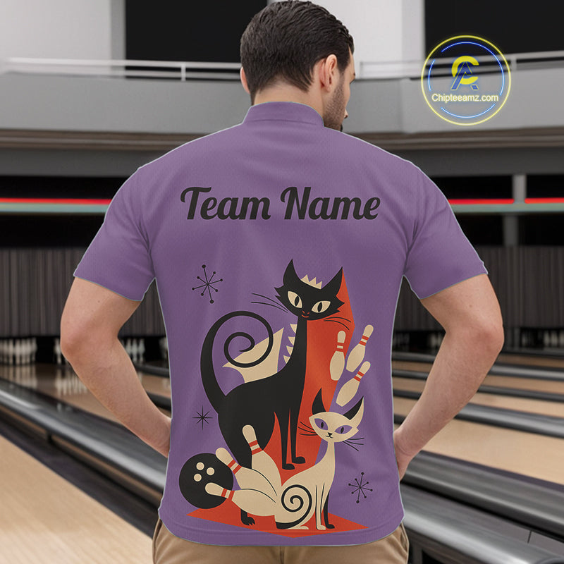 Custom retro bowling shirts Cat Bowling jersey for men Team Bowling Polo, 1/4 Zip Shirts | Purple NQS11668