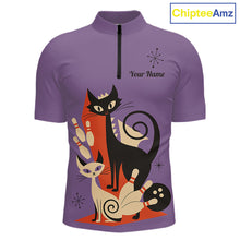 Load image into Gallery viewer, Custom retro bowling shirts Cat Bowling jersey for men Team Bowling Polo, 1/4 Zip Shirts | Purple NQS11668
