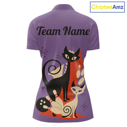 Custom retro bowling shirts Cats Bowling jersey for Women Team Bowling Polo, 1/4 Zip Shirts | Purple NQS11668