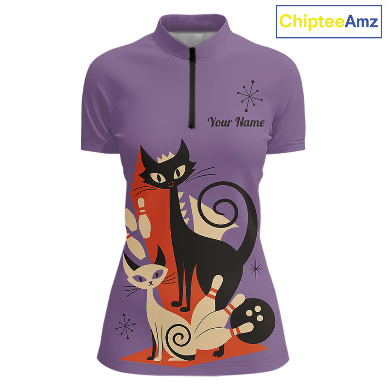 Custom retro bowling shirts Cats Bowling jersey for Women Team Bowling Polo, 1/4 Zip Shirts | Purple NQS11668