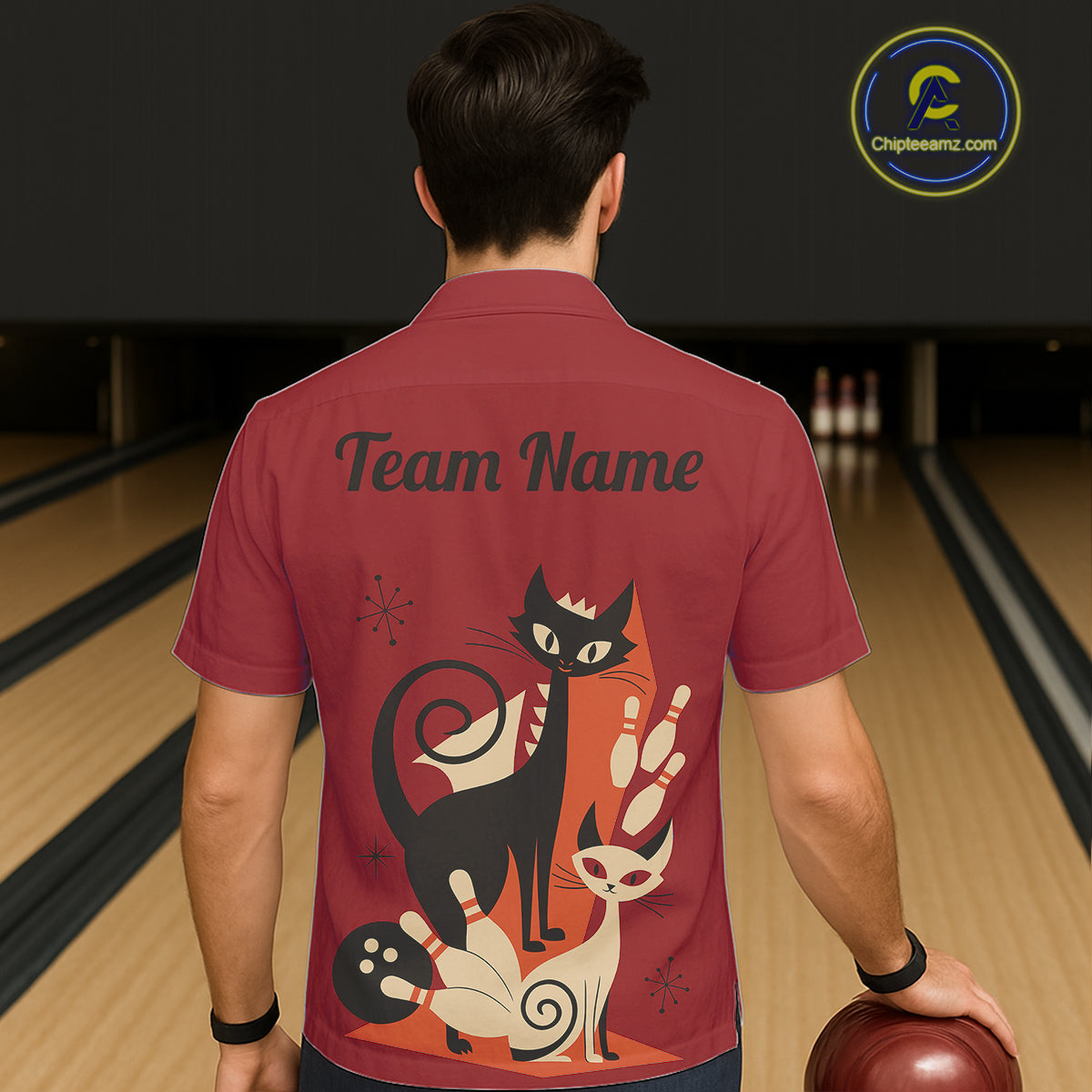 Custom retro bowling Hawaiian shirts Cat Bowling jersey Team Bowling button up Shirt  | Red NQS11669