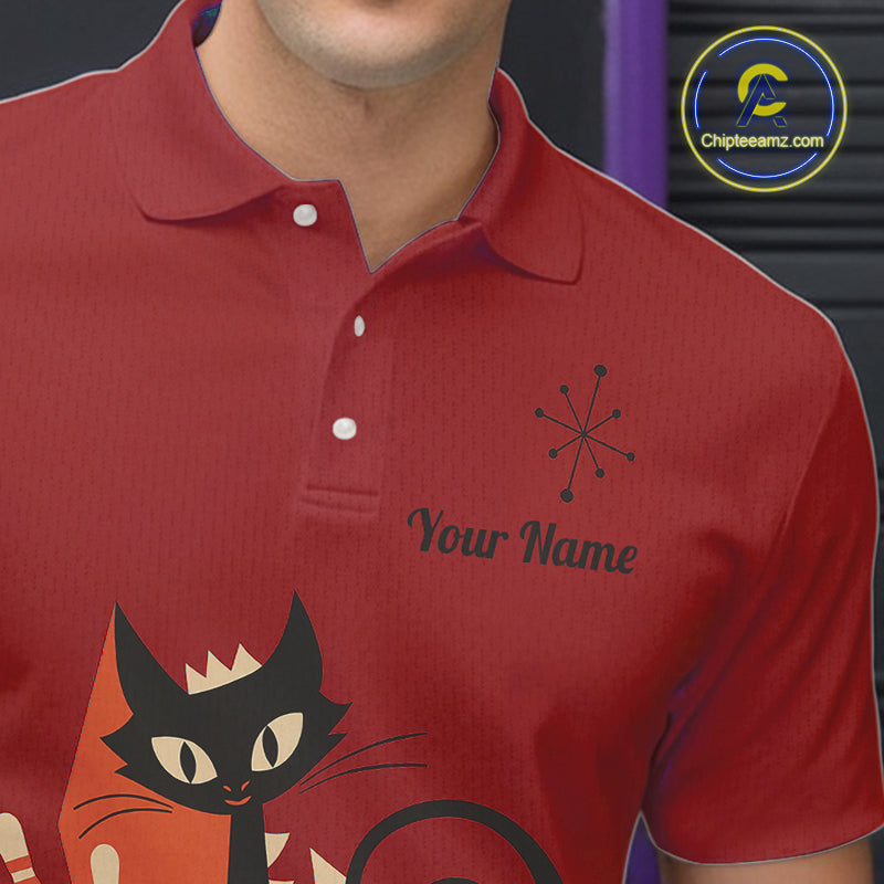 Custom retro bowling shirts Cat Bowling jersey for men Team Bowling Polo, 1/4 Zip Shirts | Red NQS11669