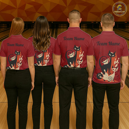 Custom retro bowling shirts Cat Bowling jersey for men Team Bowling Polo, 1/4 Zip Shirts | Red NQS11669
