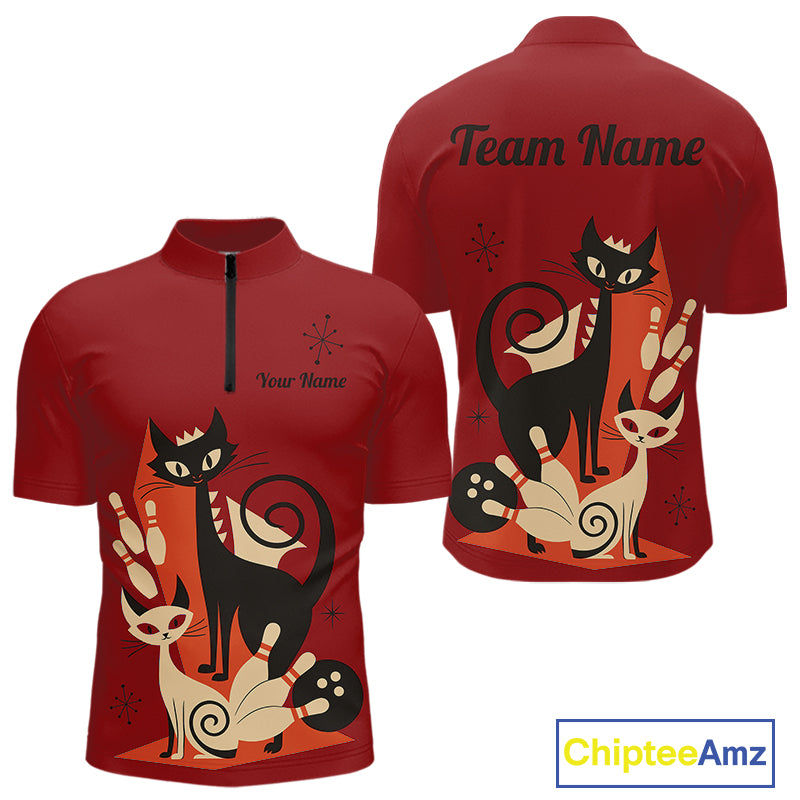 Custom retro bowling shirts Cat Bowling jersey for men Team Bowling Polo, 1/4 Zip Shirts | Red NQS11669