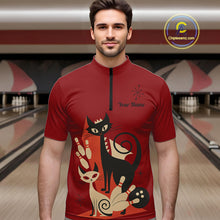 Load image into Gallery viewer, Custom retro bowling shirts Cat Bowling jersey for men Team Bowling Polo, 1/4 Zip Shirts | Red NQS11669