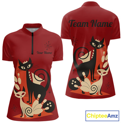 Custom retro bowling shirts Cats Bowling jersey for Women Team Bowling Polo, 1/4 Zip Shirts | Red NQS11669