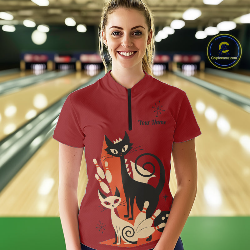 Custom retro bowling shirts Cats Bowling jersey for Women Team Bowling Polo, 1/4 Zip Shirts | Red NQS11669