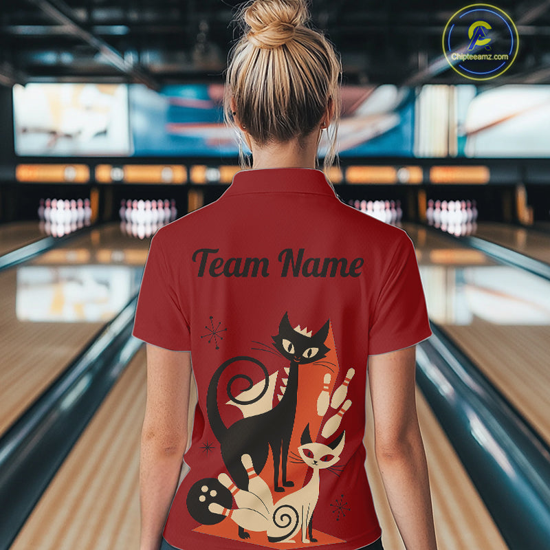 Custom retro bowling shirts Cats Bowling jersey for Women Team Bowling Polo, 1/4 Zip Shirts | Red NQS11669