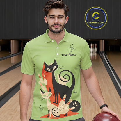 Custom retro bowling shirts Cat Bowling jersey for men Team Bowling Polo, 1/4 Zip Shirts | Green NQS11670