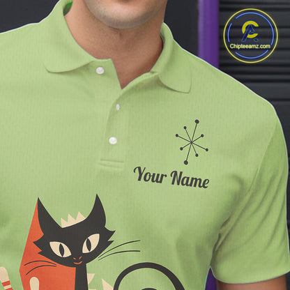 Custom retro bowling shirts Cat Bowling jersey for men Team Bowling Polo, 1/4 Zip Shirts | Green NQS11670