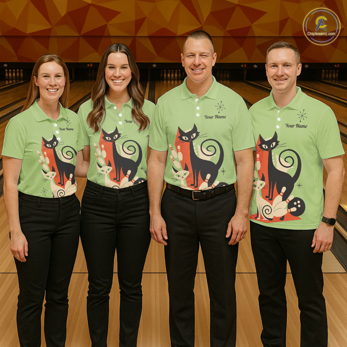 Custom retro bowling shirts Cat Bowling jersey for men Team Bowling Polo, 1/4 Zip Shirts | Green NQS11670