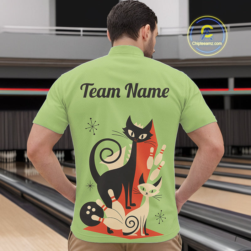 Custom retro bowling shirts Cat Bowling jersey for men Team Bowling Polo, 1/4 Zip Shirts | Green NQS11670
