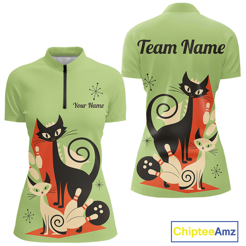 Custom retro bowling shirts Cats Bowling jersey for Women Team Bowling Polo, 1/4 Zip Shirts | Green NQS11670