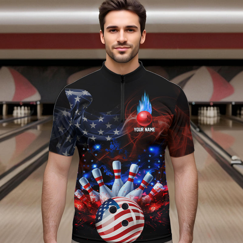 Personalized Smoke American Flag Bowling Team Shirts For Men Custom Patriotic Bowling Gifts For Bowler NQS9717