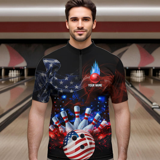 Personalized Smoke American Flag Bowling Team Shirts For Men Custom Patriotic Bowling Gifts For Bowler NQS9717