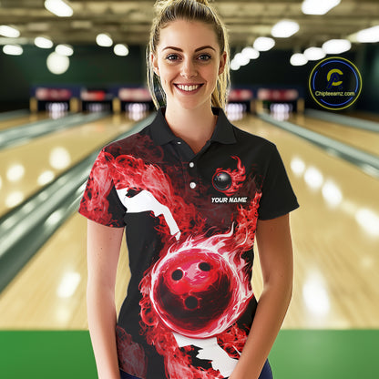 Red Flame Fire Bowling Shirts for Women Custom Bowling Team Jersey Bowling Polo & Quarter-Zip Shirts NQS11751