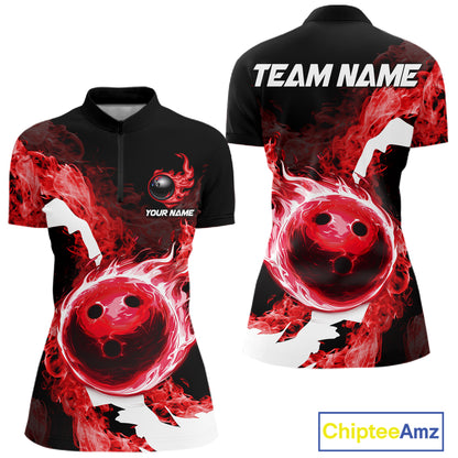 Red Flame Fire Bowling Shirts for Women Custom Bowling Team Jersey Bowling Polo & Quarter-Zip Shirts NQS11751