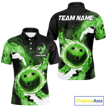 Green Flame Fire Bowling Shirts for Men Custom Bowling Team Jersey Bowling Polo & Quarter-Zip Shirts NQS11752