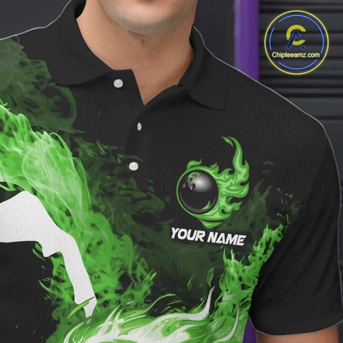 Green Flame Fire Bowling Shirts for Men Custom Bowling Team Jersey Bowling Polo & Quarter-Zip Shirts NQS11752
