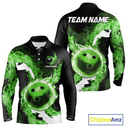 Green Flame Fire Bowling Shirts for Men Custom Bowling Team Jersey Bowling Polo & Quarter-Zip Shirts NQS11752
