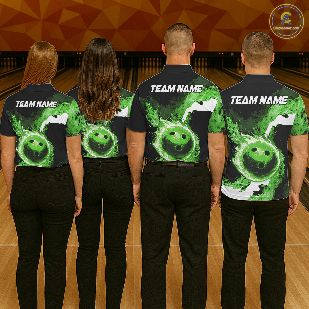 Green Flame Fire Bowling Shirts for Men Custom Bowling Team Jersey Bowling Polo & Quarter-Zip Shirts NQS11752