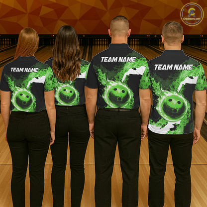 Green Flame Fire Bowling Shirts for Men Custom Bowling Team Jersey Bowling Polo & Quarter-Zip Shirts NQS11752