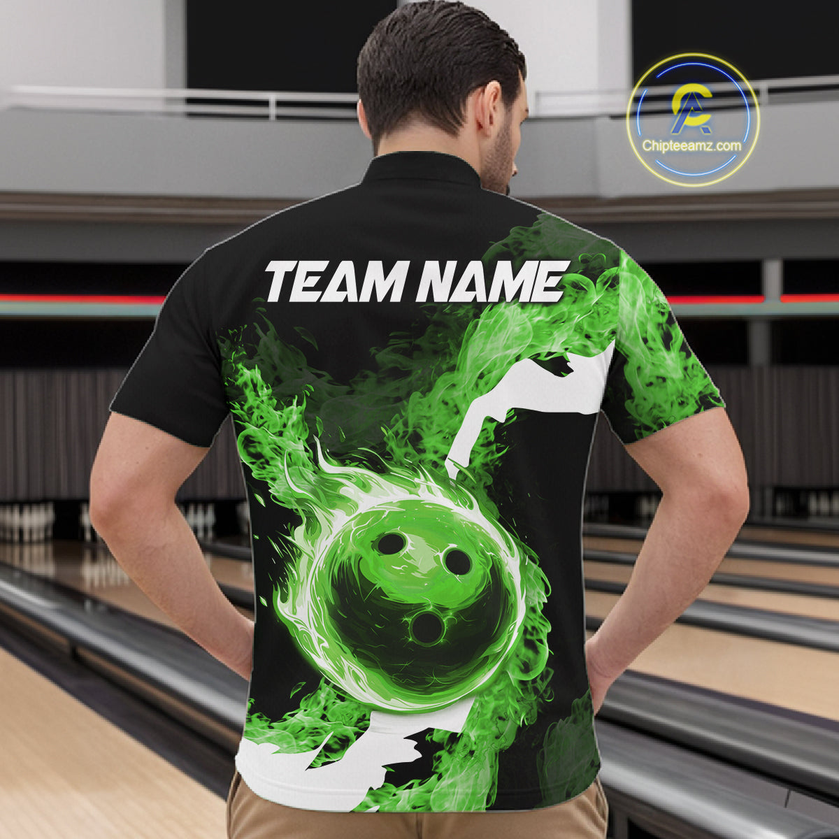 Green Flame Fire Bowling Shirts for Men Custom Bowling Team Jersey Bowling Polo & Quarter-Zip Shirts NQS11752