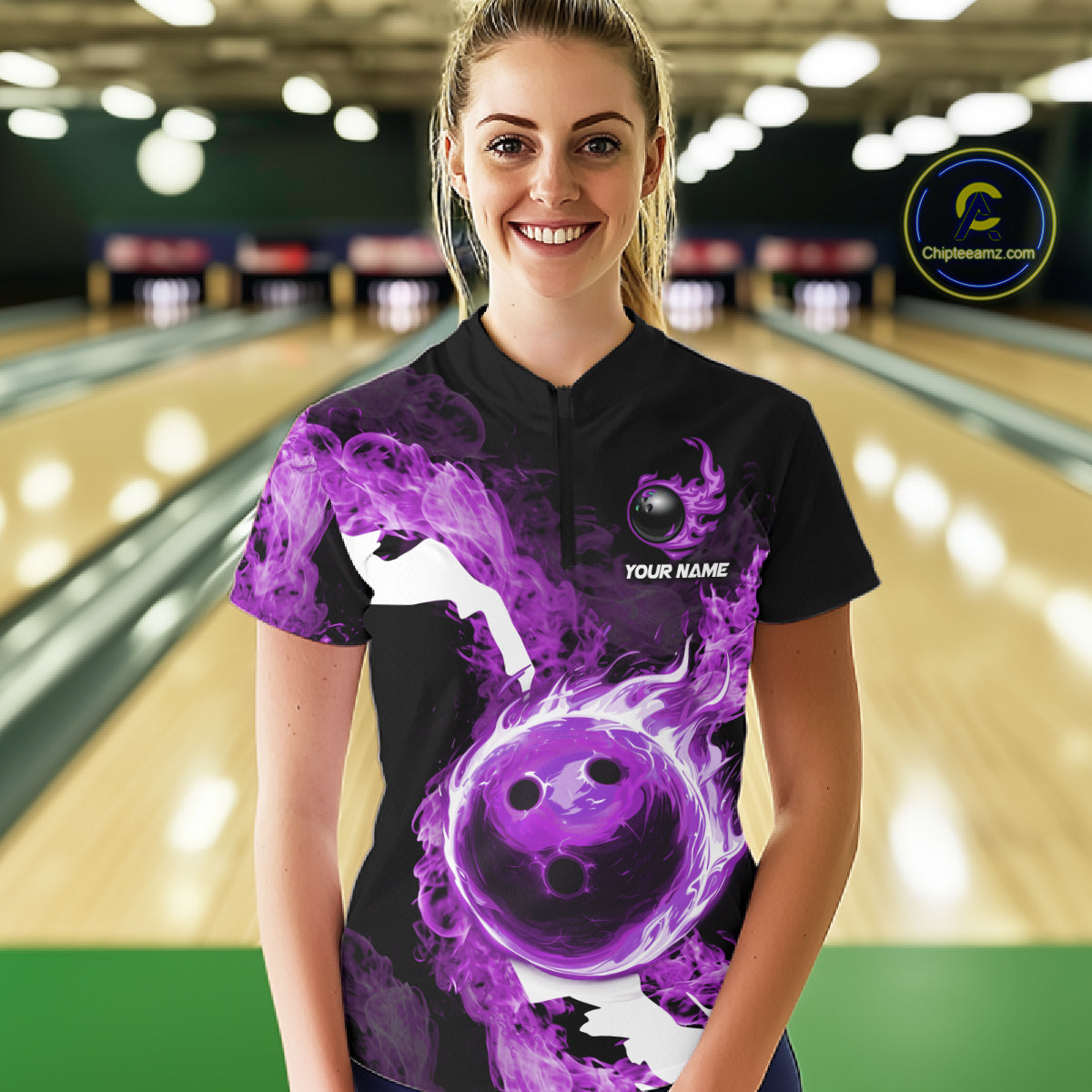 Purple Flame Fire Bowling Shirts for Women Custom Bowling Team Jersey Bowling Polo & 1/4-Zip Shirts NQS11753
