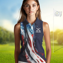 Load image into Gallery viewer, American flag Navy Blue Women sleeveless golf polo shirts Custom team patriotic golf top for ladies NQS9979
