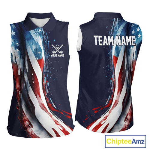 American flag Navy Blue Women sleeveless golf polo shirts Custom team patriotic golf top for ladies NQS9979