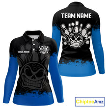 Load image into Gallery viewer, Black and Blue Funny Bowling Polo, Quarter Zip Shirt for Women Custom Bowling Team Jersey NQS9982