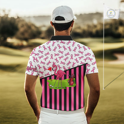 Pink ribbon pattern flamingo Men golf polo shirts Custom breast cancer awareness golf outfit for men NQS10149