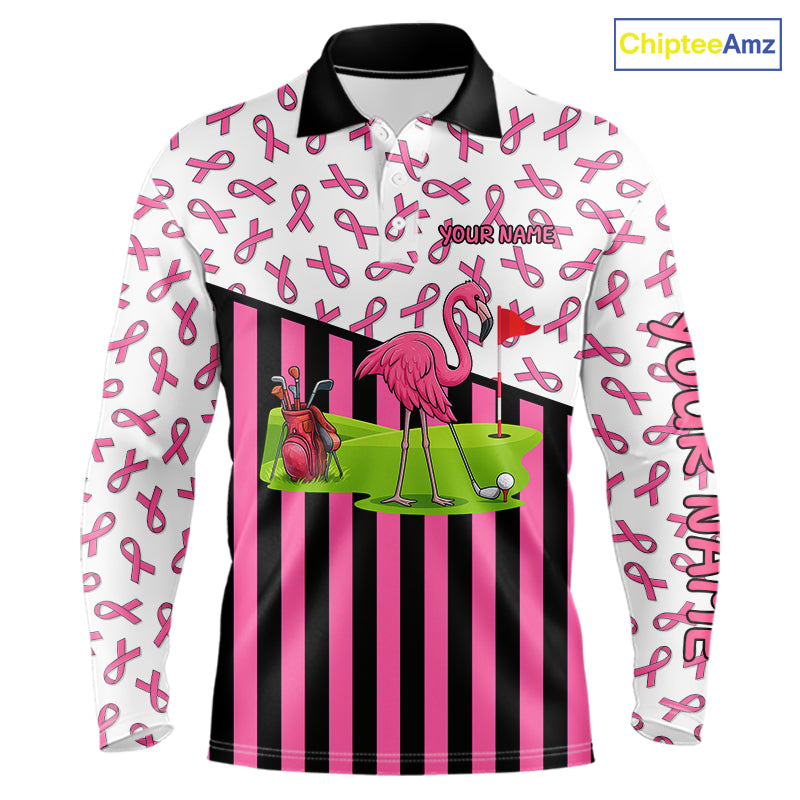 Pink ribbon pattern flamingo Men golf polo shirts Custom breast cancer awareness golf outfit for men NQS10149