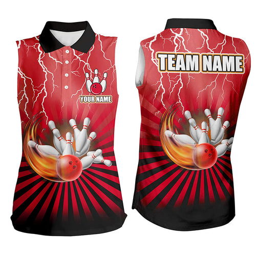 Women Sleeveless Polo Shirt Custom lightning storm vintage Bowling Team Jersey, gift for Bowlers | Red NQS8282