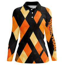 Load image into Gallery viewer, Black and orange argyle pattern Women golf polo shirts custom ladies halloween golf shirt NQS8290
